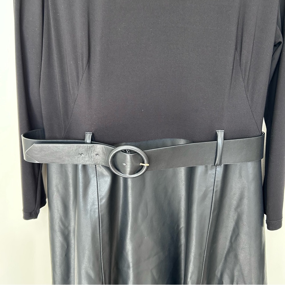 Calvin Klein long-sleeve black dress faux leather skirt matching belt. Size 16 - Picture 5 of 9